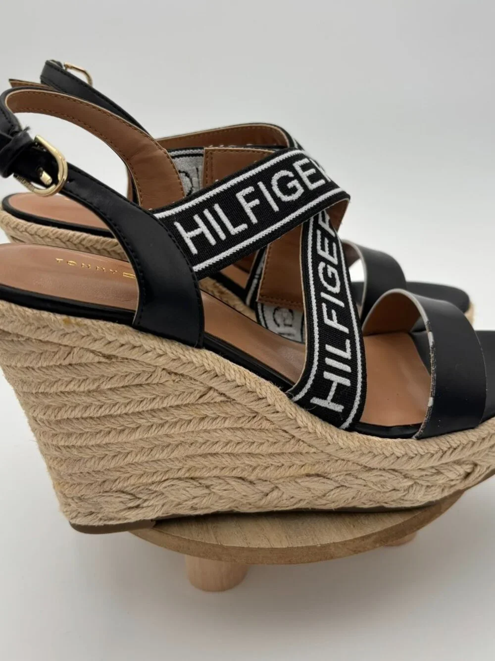 Tommy Hilfiger Black Logo Strap Espadrille Wedge Platform Sandals Shoes 9M